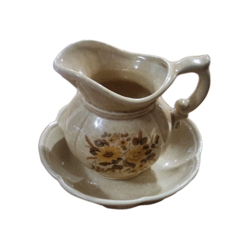 VTG McCoy Pitcher & Bowl Set Speckled Pitcher with flowers USA 7528 COTTAGE CORE